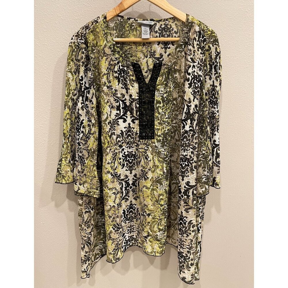 Catherines Pullover Peasant Blouse 14/16W Bell Sleeve Beaded Sharkbite Hem Flowy